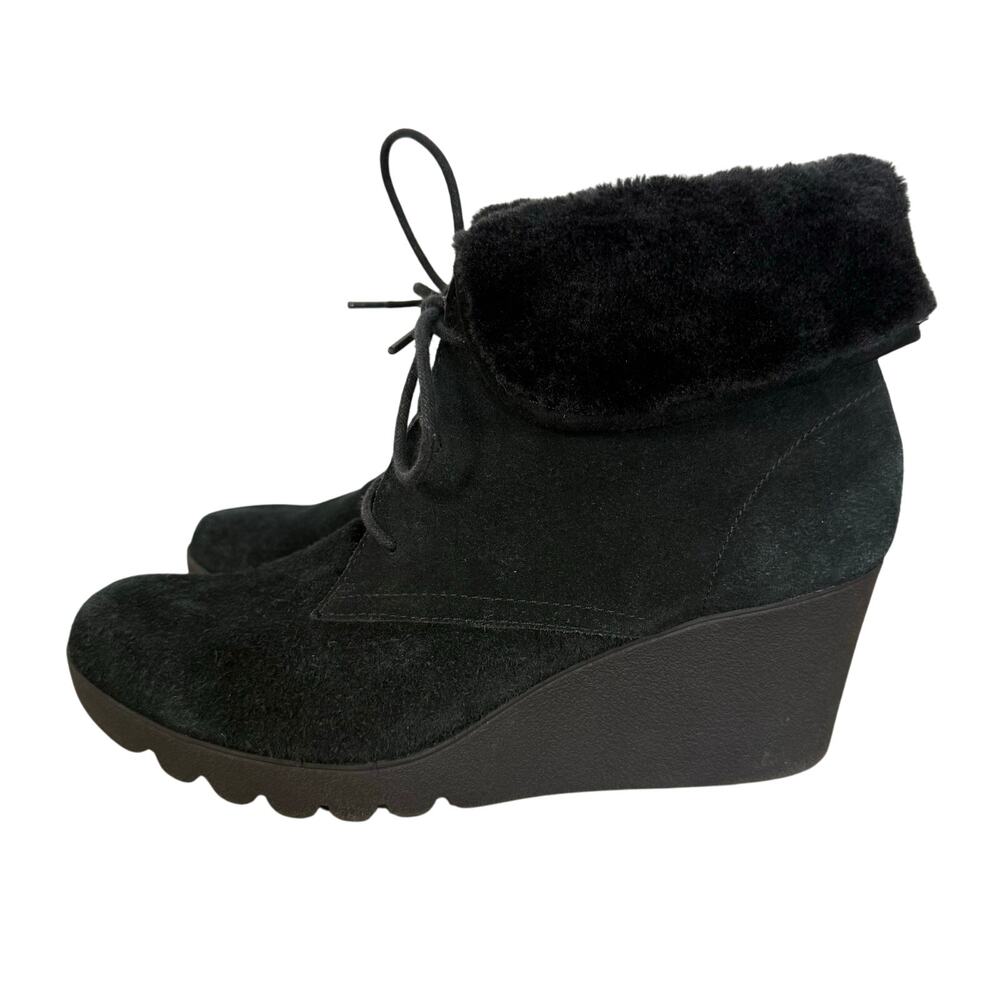 Donald J. Pliner Womens Black Suede Fur Cuff Lace up Wedges Size 9.5